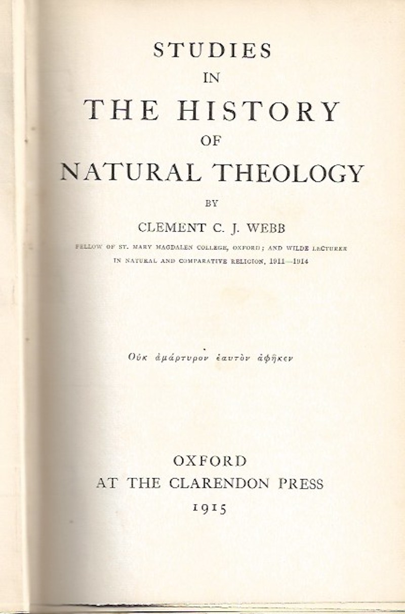 Studies in the History of Natural Theology by Webb, Clement C.J.