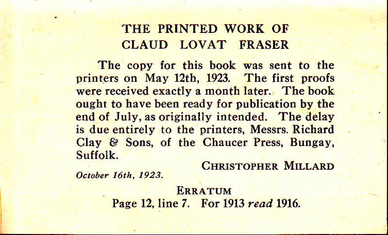 The Printed Work of Claud Lovat Fraser by Millard, Christopher
